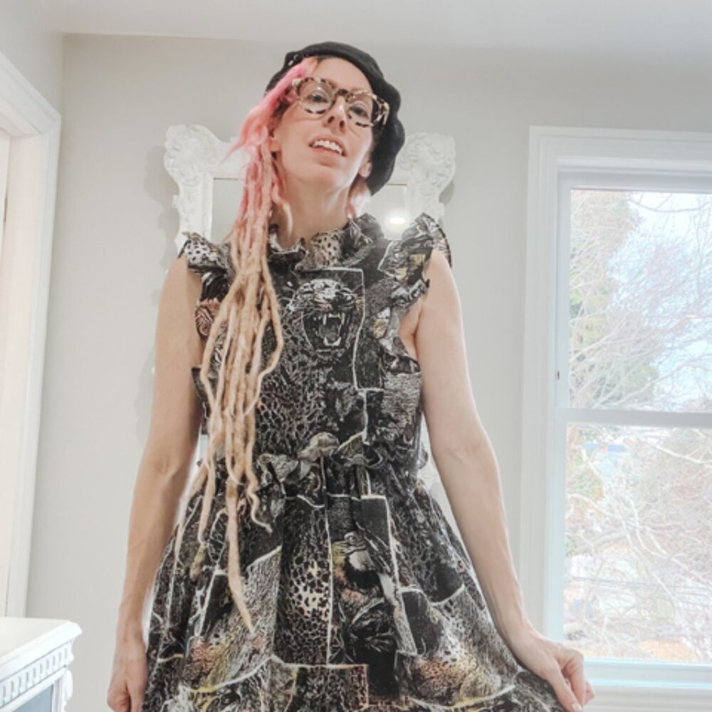 New York Couture Handmade VINTAGE Fabric Cheetah Ruffle Bib Dress